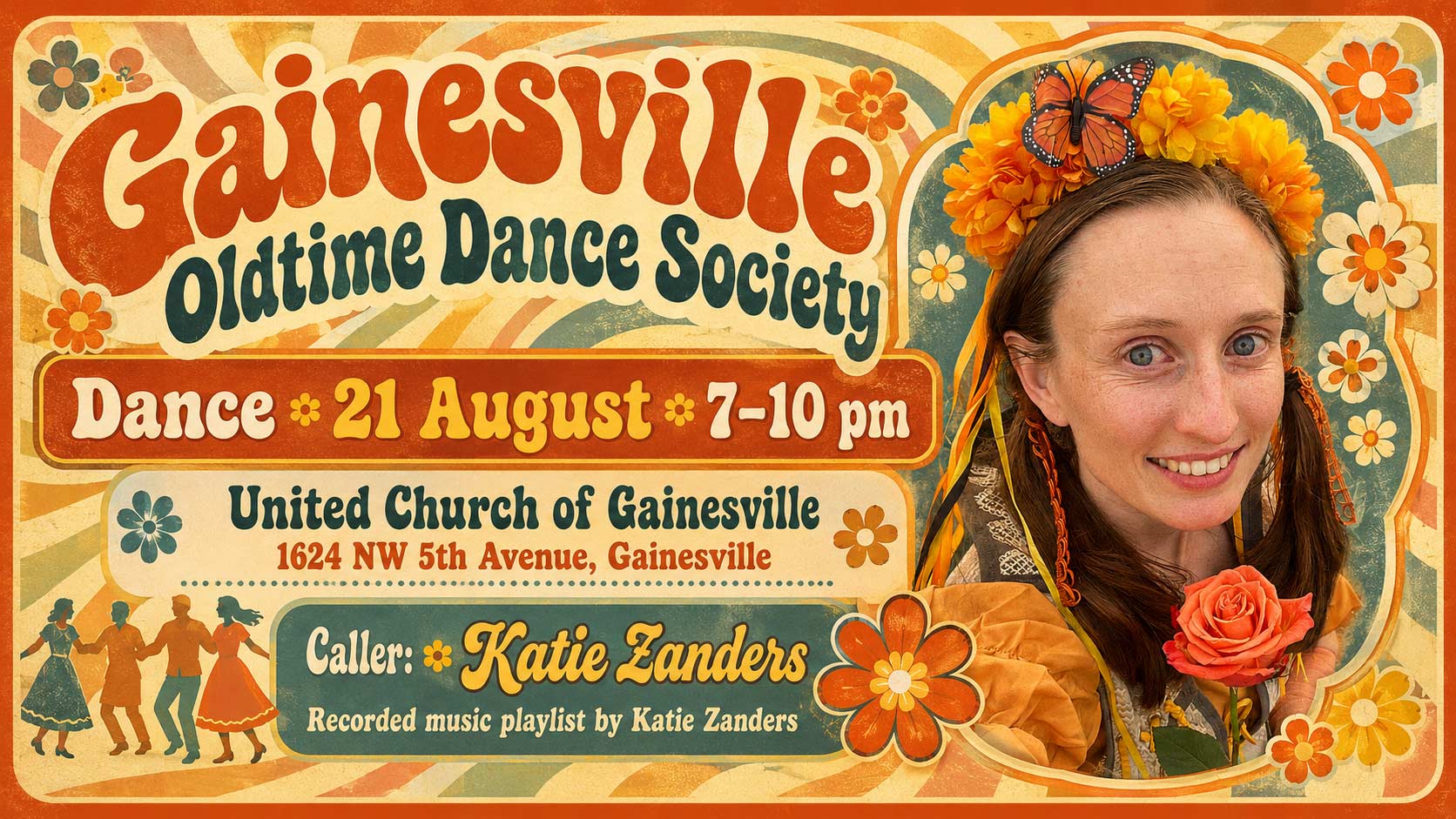 Katie Zanders calls contra dances on 21 August 2026